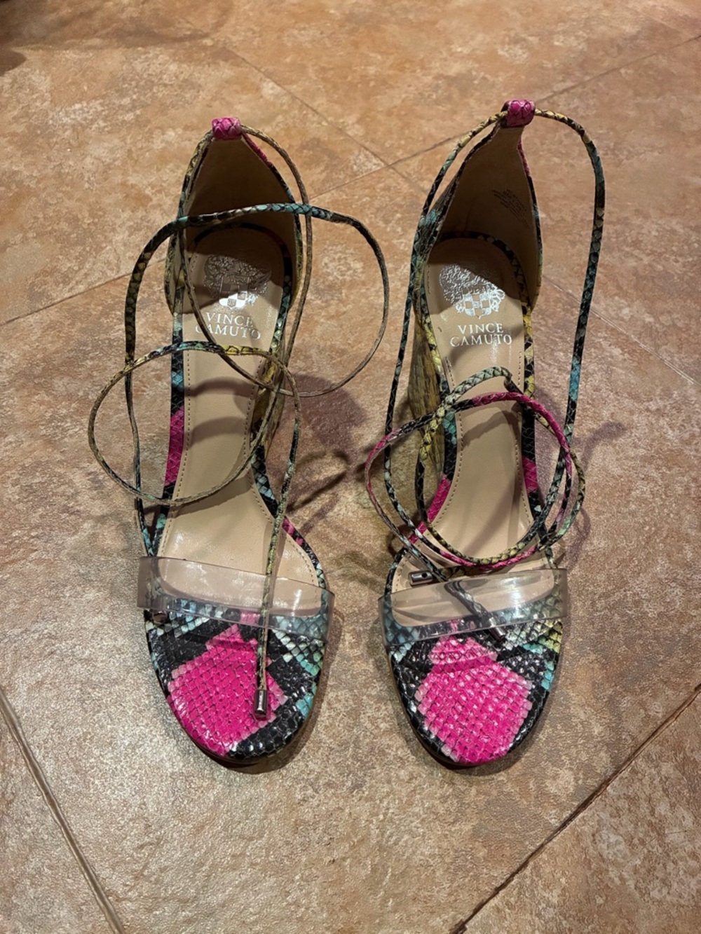 Vince Camuto Multicolor Snakeskin Lace-Up Heels with Pink Accents